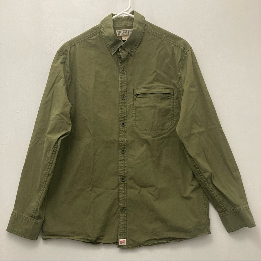 Duluth Trading Co. Men's Shirt Button Down M Green Organic Cotton Zip Pocket